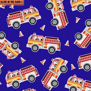 Fire Trucks Glow in the Dark Royal Blue Quilters Cotton