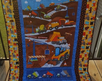 Construction Equipment Quilted Blanket, Dump Truck Backhoe Baby Blanket, Crib or Lap Quilted Blanket
