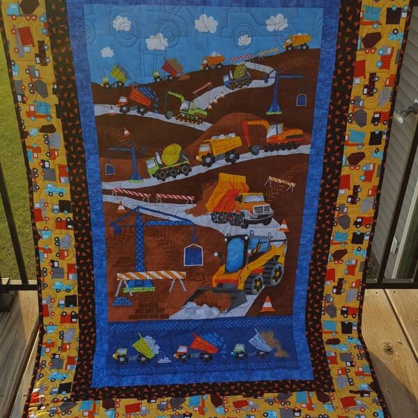 Construction Equipment Quilted Blanket, Dump Truck Backhoe Baby Blanket, Crib or Lap Quilted Blanket