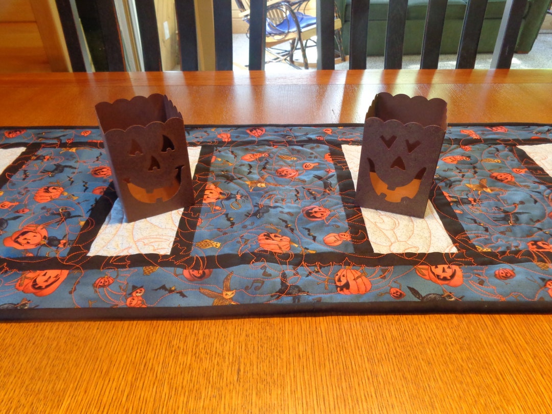 Halloween Quilted Table Runner, Pumpkins Quilted Table Topper, Black ...