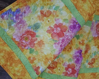 Watercolor Floral Table Runner, Pastel Flowers Center, Lime Green and Orange-Yellow Borders, Quilted Flowers and Leaves, Handmade Home Decor