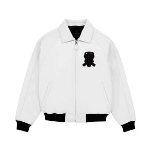 May include: A white bomber jacket with a black collar, cuffs, and a black emblem on the chest. The jacket has a zipper closure and two front pockets. The jacket is made of a smooth material.