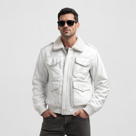 Distressed White Leather Bomber Jacket – Men's Shearling Collar