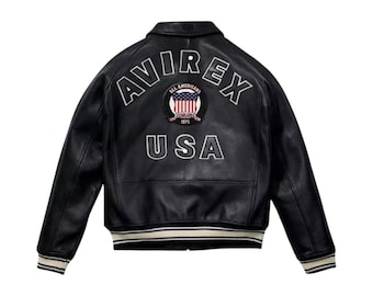 Men's Black Avirex Real Leather Bomber Jacket American Flight Leather Jacket