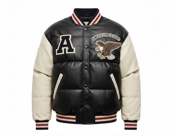 Men’s Leather Varsity Jacket – Black Puffer Letterman Jacket with Eagle Patch, Winter Streetwear Bomber Jacket