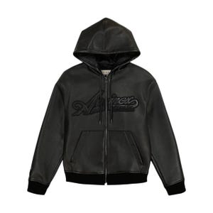 May include: Black leather zip-up hoodie with a hood and front pockets. The jacket features the word "A&eacute;rex" in a raised, stylized font across the chest. The cuffs and hem are ribbed.