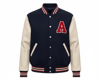Unisex Varsity Letterman Jacket — Navy & Cream Bomber with Red A Patch, Retro College Baseball Style