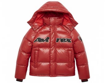 Red Real Leather Puffer Coat — Men’s Avirex Bomber Jacket, Hooded Aviator Style, Warm Winter Outerwear