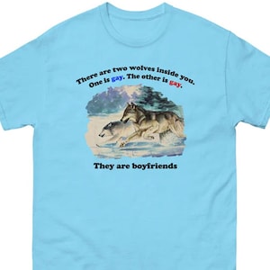 May include: Light blue t-shirt with a graphic of two wolves and the text "There are two wolves inside you. One is gay. The other is gay. They are boyfriends."
