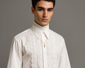 Men's White Victorian Lace Tuxedo Shirt: Edwardian Wedding Top
