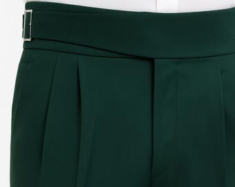 Men’s  Forest Green Gurkha Pants: High-Waisted Double-Pleat Trousers, Side Buckles, Tailored Dress Pants