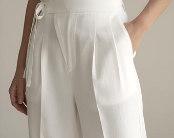 White Wide Leg Linen Pants for Women High Waist Summer Trousers Palazzo Pants