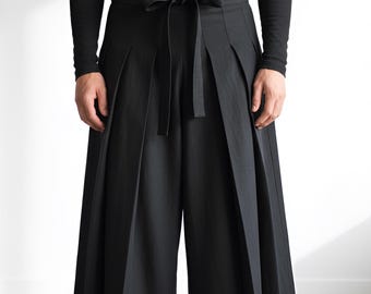 Men’s Samurai Hakama Pants Japanese Wide Leg Trousers Black Pleated Wrap Pants