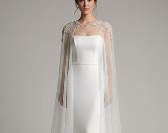 Mantella da sposa con spalle perline: lunga mantella in tulle con velo staccabile