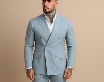 Sky Blue Linen Suit: Men's Double Breasted Wedding Outfit