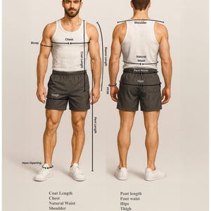 May include: A male measurement guide chart with front and back views of a person in shorts and a tank top. The chart labels body measurements such as chest, waist, and sleeve length. Text at the bottom advises seeking professional help for accurate measurements.