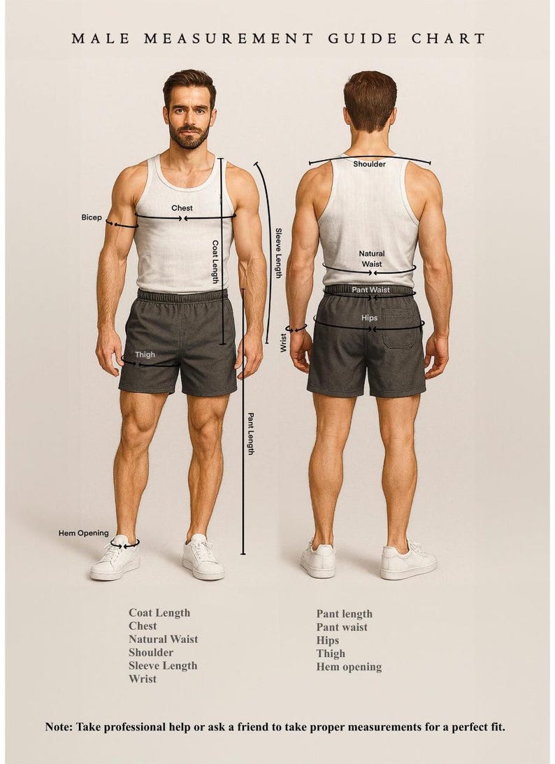 May include: A male measurement guide chart with front and back views of a person in shorts and a tank top. The chart labels body measurements such as chest, waist, and sleeve length. Text at the bottom advises seeking professional help for accurate measurements.