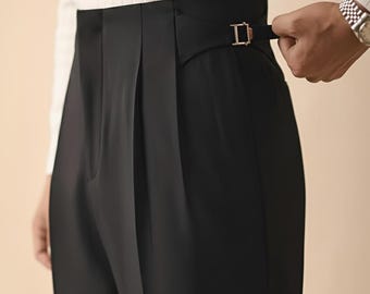 Men’s Tailored Vintage Inspired Pants Adjustable Side Tab High Waist Pleated Trousers