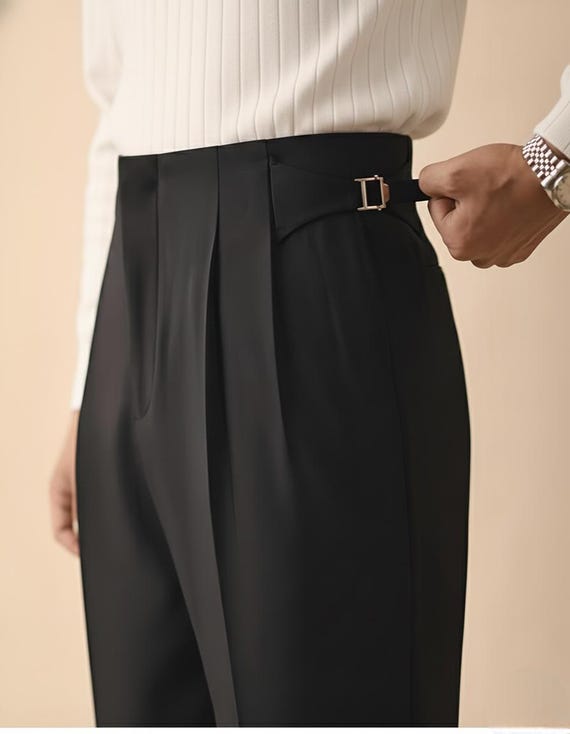 Men’s Tailored Vintage Inspired Pants Adjustable Side Tab High Waist Pleated Trousers