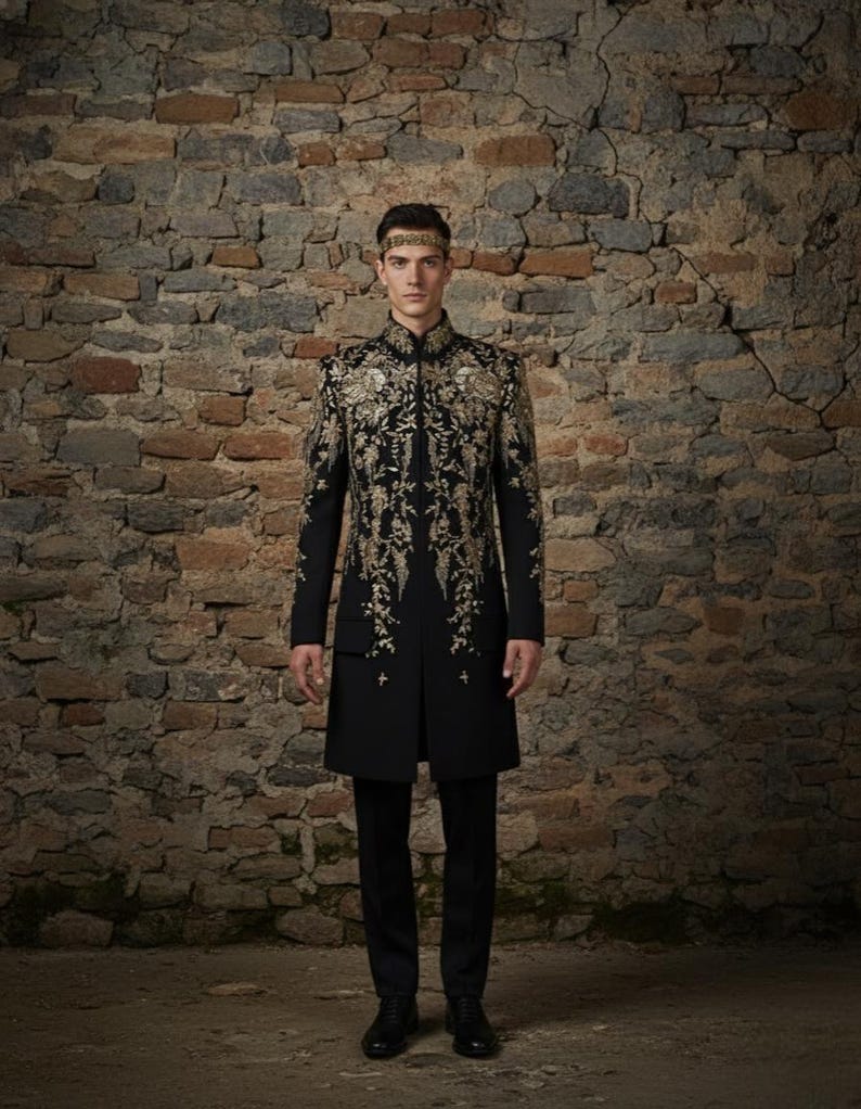 May include: A black coat with gold floral embroidery, paired with black pants and shoes. The coat features intricate detailing and a high collar. A gold headband completes the ensemble. The outfit is formal and elegant.