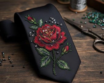 Corbata negra bordada con flores: Corbata bordada con cuentas hecha a mano, accesorios de boda