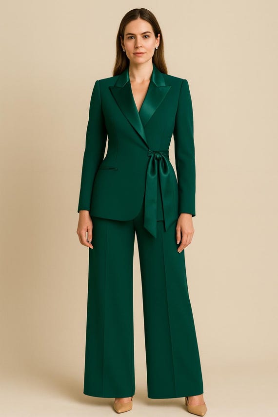 dark green dress pants womens Emerald Women's Suit: Satin Lapel Wrap Blazer with Side Tie & Wide-Leg Olive green wide leg pants outfit