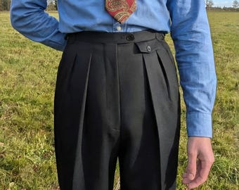 High Waisted Black Pleated Trousers for Men: Vintage Wide Leg Dress Pants