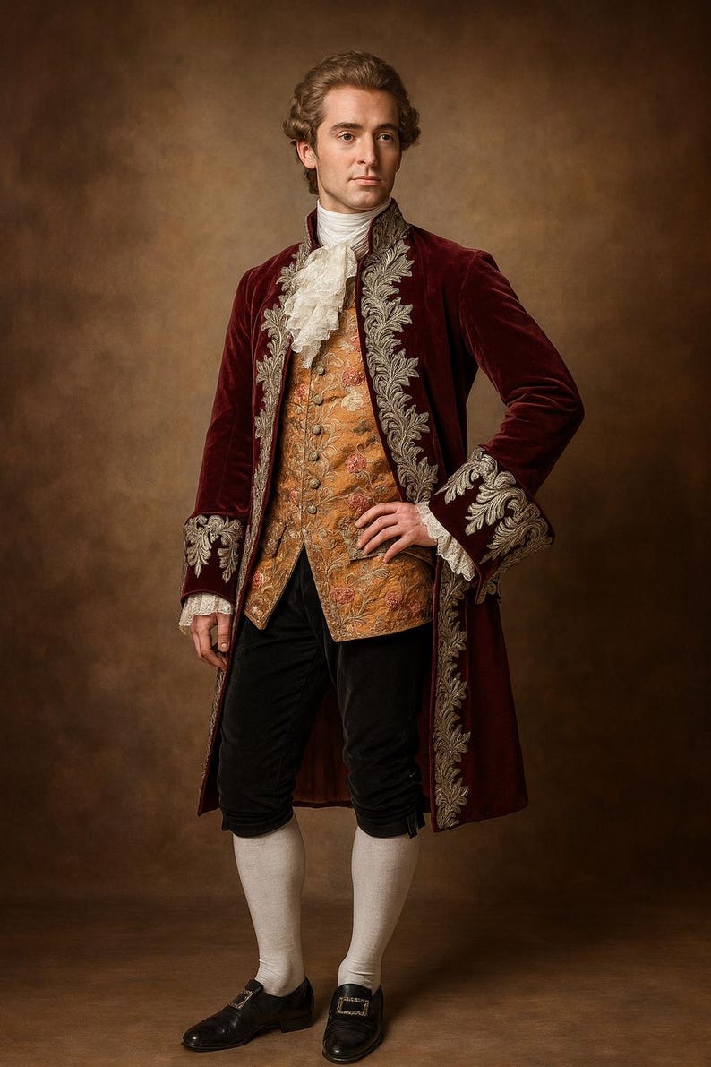 Rococo Burgundy Velvet Frock Coat Set: 18th-century Baroque Mens ...