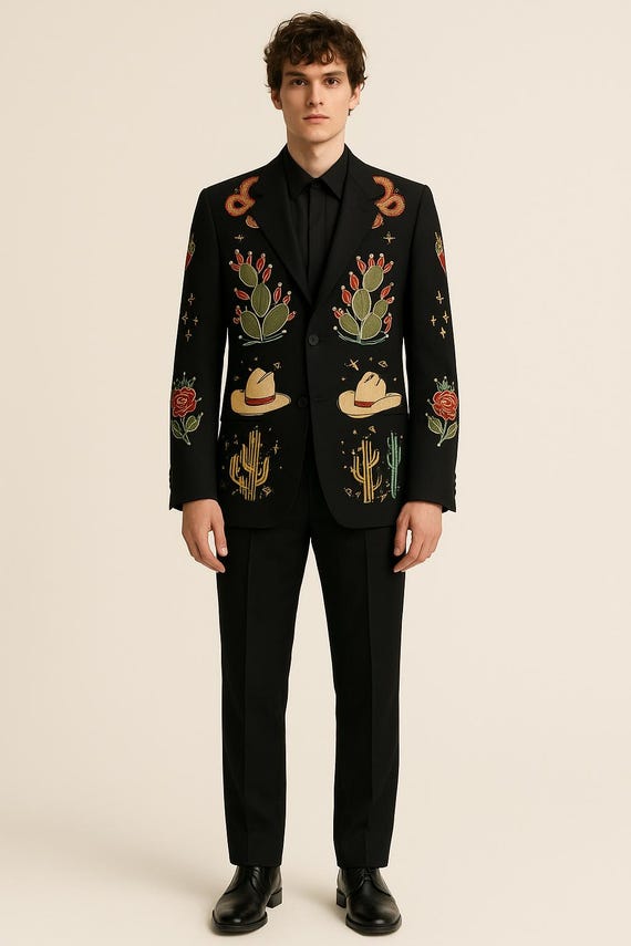 Men Country Western Embroidered Suit: Black Cowboy Wedding Jacket & Pants