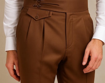 Men’s Gurkha Pants: High-Waist Brown Pleated Trousers with Side Adjusters