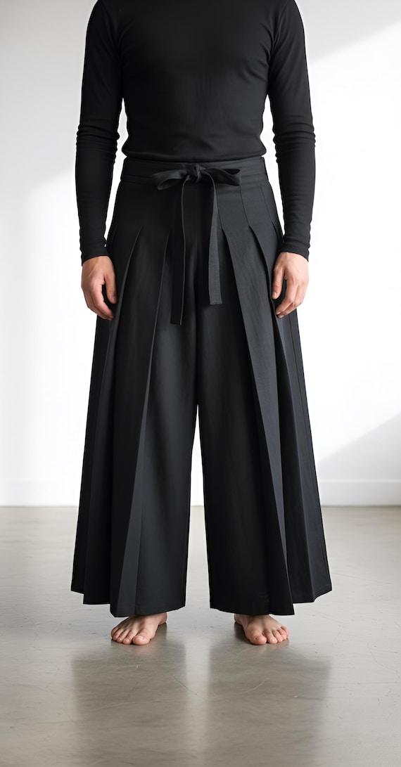 Men's Samurai Hakama Pants Japanese Wide Leg Trousers Black