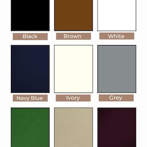 May include: A cotton swatch card featuring nine fabric color samples: black, brown, white, navy blue, ivory, grey, emerald green, khaki, and wine. The text "COTTON SWATCH CARD" is at the top, with "SHOP NOW" at the bottom.