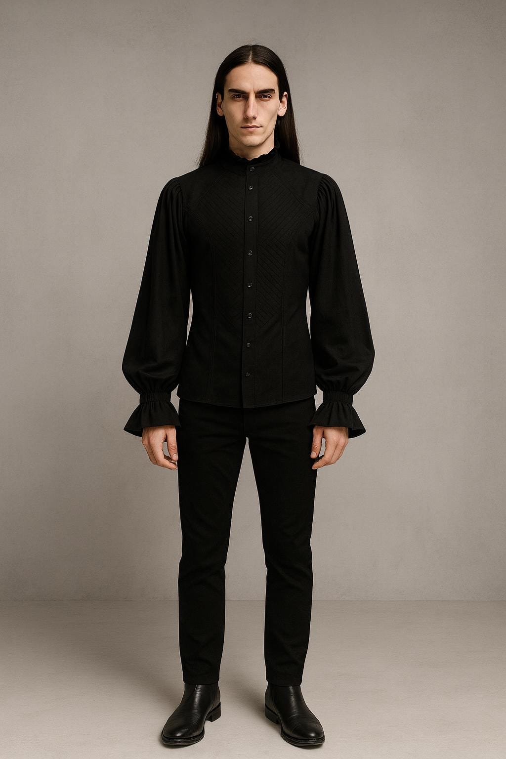 victorian dress shirt men High Neck Pleated Ruffle Shirt - White