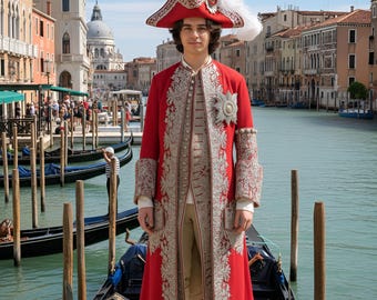 May include: A person in a red and silver embroidered coat and hat with a white feather, standing in front of a canal with gondolas. The coat has ornate silver detailing and a large emblem. The background features buildings and a blue sky.