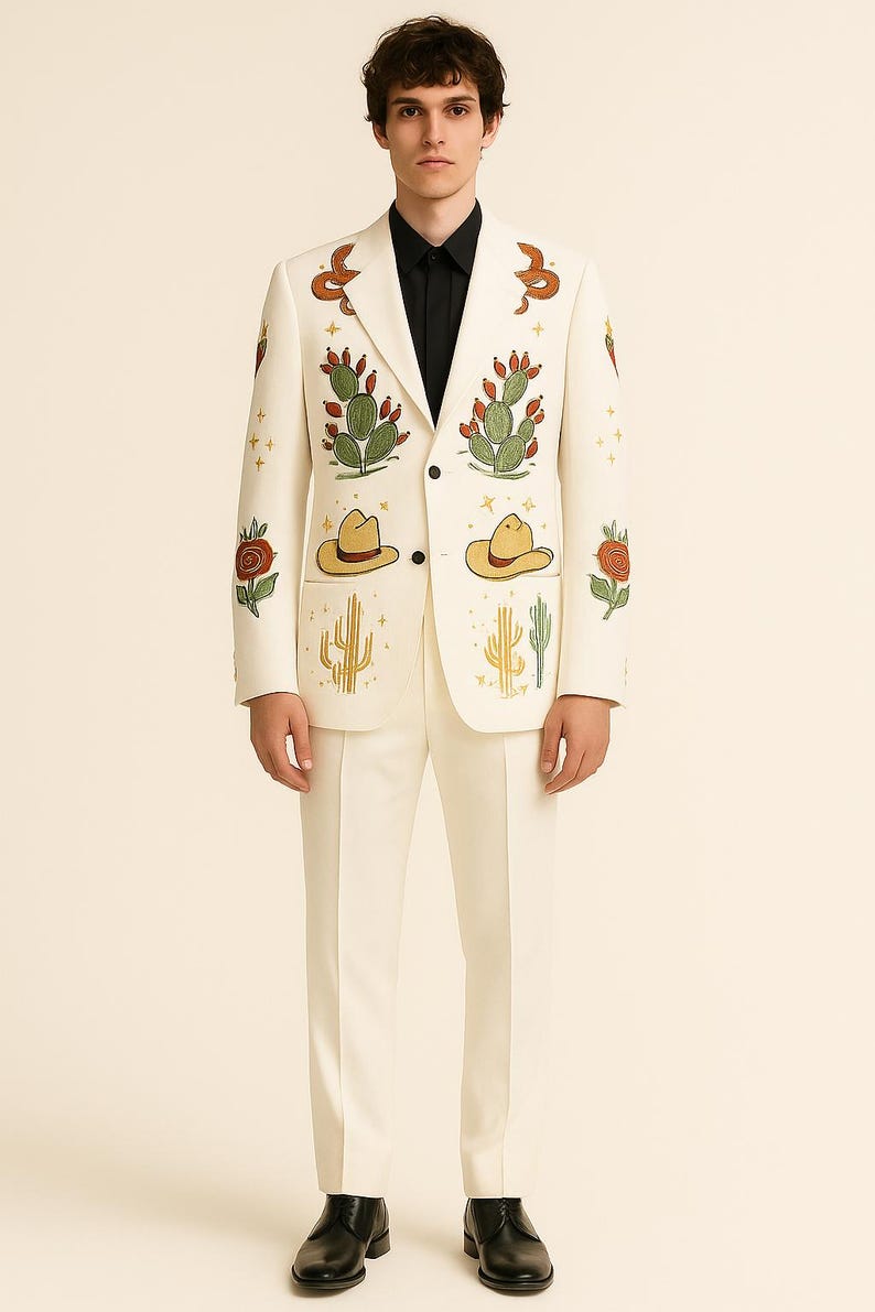 May include: Ivory suit with embroidered desert-themed designs. The blazer features cacti, cowboy hats, and roses in green, yellow, and red. The suit is paired with a black dress shirt and black shoes. The suit is a unique fashion statement.