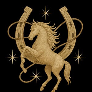 以下が含まれることがあります： 黒い背景に、金色の馬が立ち上がり、蹄鉄と星に囲まれた詳細なイラスト。 馬は流れるようなたてがみと尾を持っています。 蹄鉄には釘穴が詳細に描かれています。