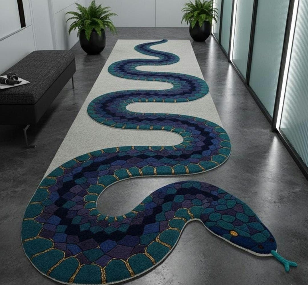 Whitesnake Rug Hand-tufted Wool Snake Rug: Teal, Purple, & Gold Serpent - Etsy
