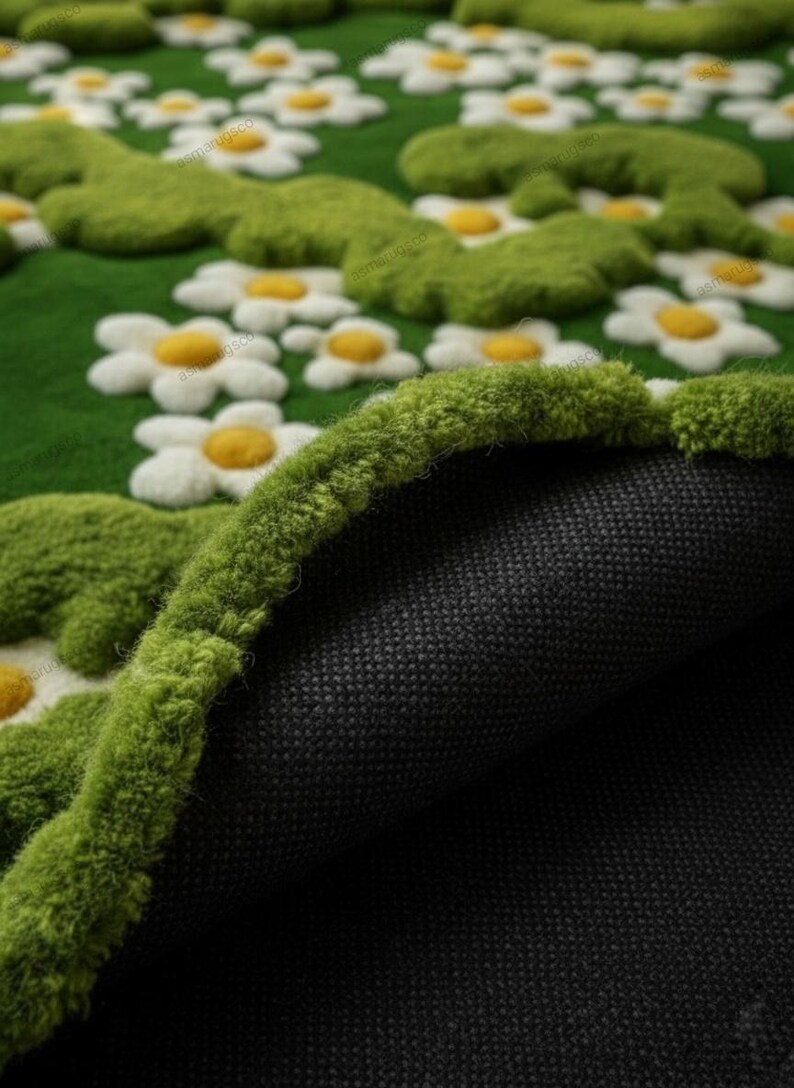 Hand-tufted Wool Rug, 3D Moss Daisy Flower, Plush Green Floral Rug - Etsy