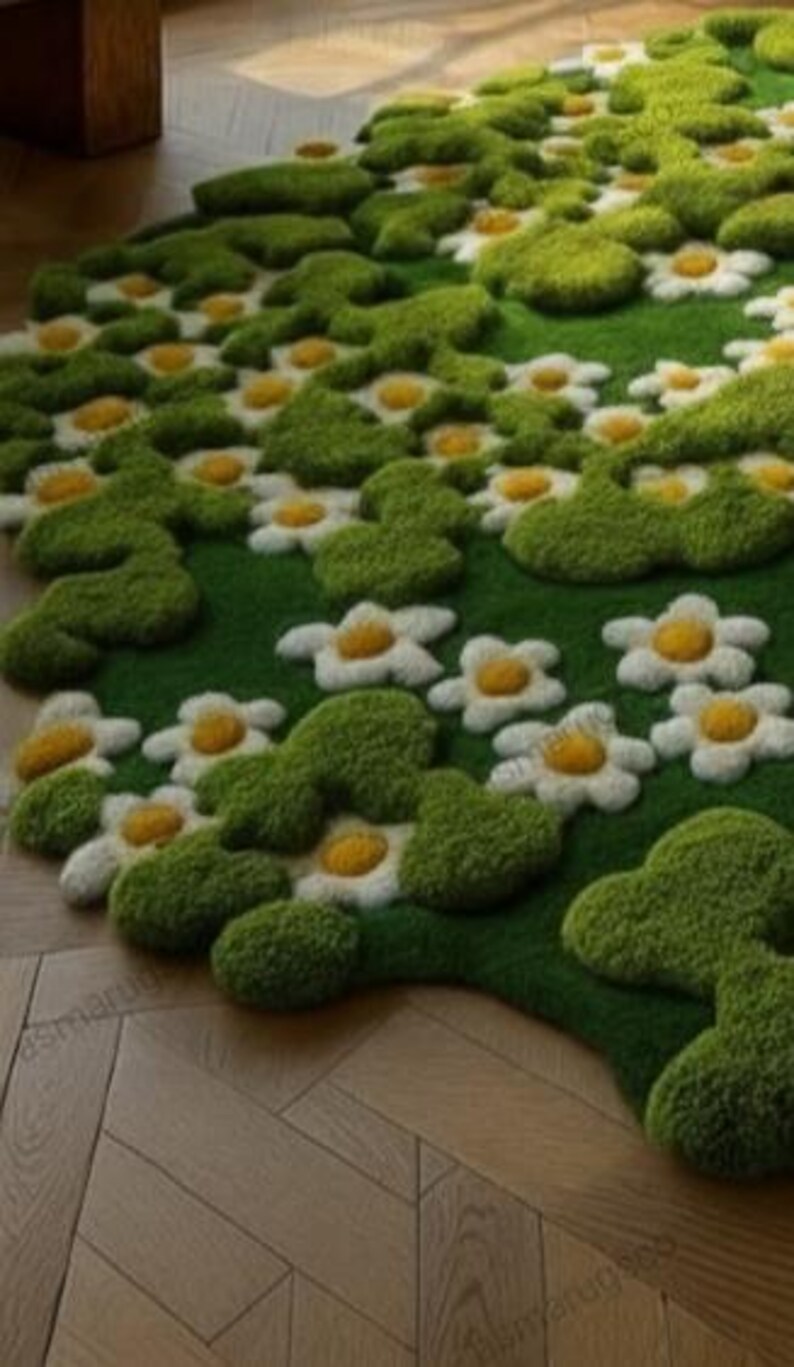 Hand-tufted Wool Rug, 3D Moss Daisy Flower, Plush Green Floral Rug - Etsy