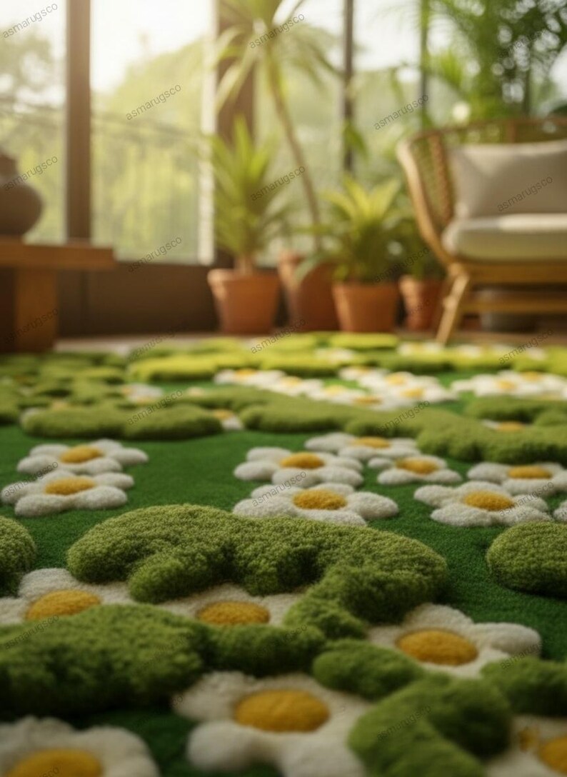 Hand-tufted Wool Rug, 3D Moss Daisy Flower, Plush Green Floral Rug - Etsy