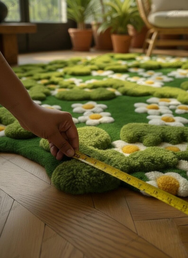 Hand-tufted Wool Rug, 3D Moss Daisy Flower, Plush Green Floral Rug - Etsy