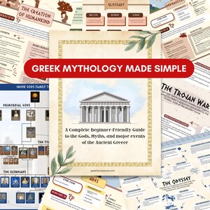 Peut inclure: Ensemble d'affiches éducatives sur la mythologie grecque. L'affiche centrale, encadrée d'or, présente une illustration de temple et le texte "Greek Mythology Made Simple". D'autres affiches traitent de la guerre de Troie et des dieux grecs.