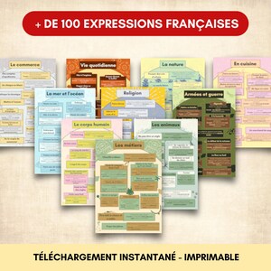 Puede incluir: Un conjunto de recursos imprimibles para aprender francés. La imagen muestra varios carteles educativos coloridos con títulos como "Comercio", "Vida cotidiana" y "El mar y el océano". El banner superior dice "+ DE 100 EXPRESSIONS FRANÇAISES."