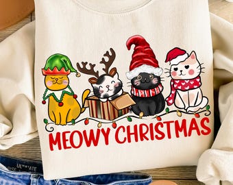 Meowy Christmas Sweatshirt, Happy Cat Year Shirt, Funny Christmas Cat Sweatshirt, Cat Lover Christmas Hoodie, Cute Cat Christmas Sweatshirt
