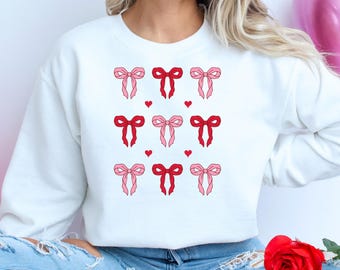 Valentine Coquette Bow Sweatshirt, Pink Ribbon Heart Sweatshirt, Pink Coquette Sweater, Retro Valentines Gift for Her