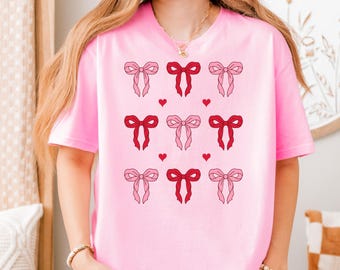 Coquette Bow T Shirt, Cute Valentine Bow Tee, Soft Girl Aesthetic Shirt, Pink Ribbon Heart Coquette Tee, Valentines Gift for Her