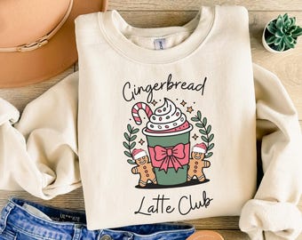Camisa de café navideño de jengibre, suéter navideño para mujer, regalo para amantes del café, cuello redondo de bebida latte, camiseta navideña para mujer, regalo para ella