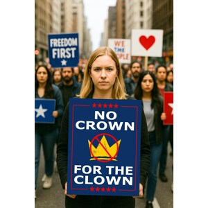 May include: A protest sign with the words "NO CROWN FOR THE CLOWN" in white text on a blue background, with a red border and a crossed-out gold crown. Other signs in the background read "FREEDOM FIRST" and "WE THE PEOPLE".