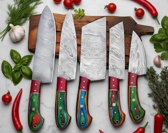 Hand-Forged Damascus Chef Knife Set | Culinary Kitchen Knives, Leather Roll