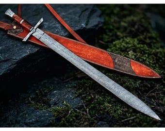 Espada vikinga de Damasco hecha a mano / Pieza de colección medieval con funda de cuero